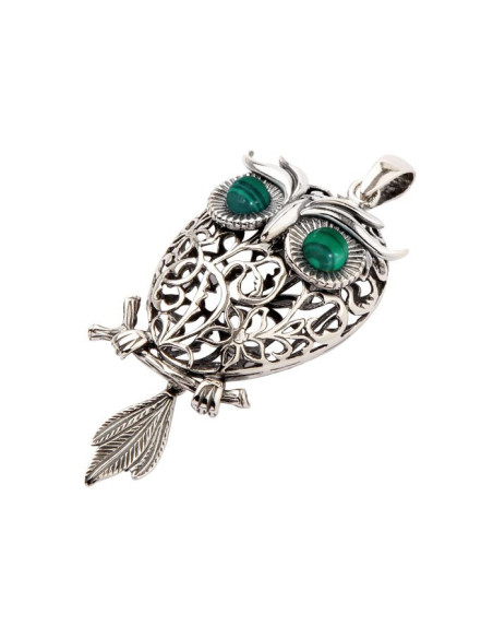 Srebrny wisiorek z malachitami SOWA W 1669 Srebrny wisiorek z malachitami SOWA W 1669