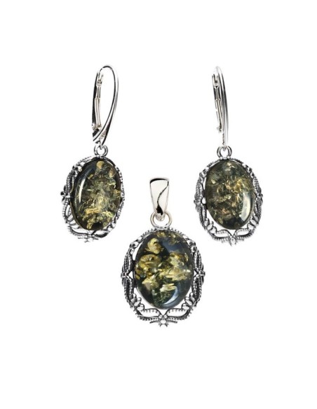 Srebrny komplet z zielonym bursztynem KPL 1978 bursztyn