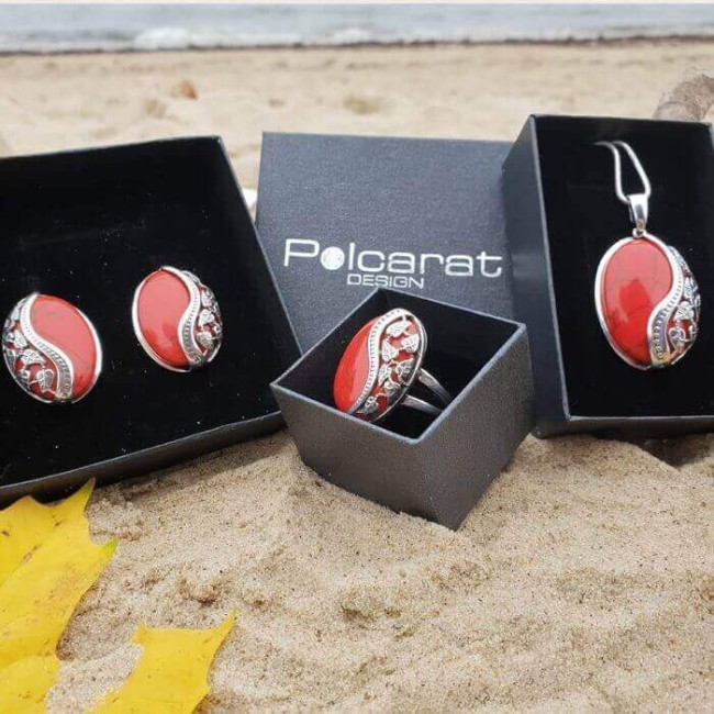 Kolczyki srebrne z koralami bigle K2 1716 Koral|Polcaratdesign.pl Biżuteria