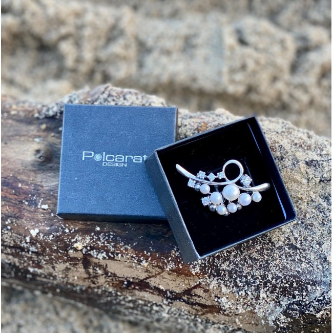 broszka srebrna z cyrkoniami i perłami