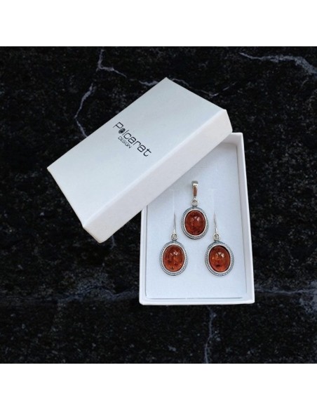 Srebrny zestaw biżuterii srebrnej z bursztynami KPL 1695 Bursztyn|Polcaratdesign.pl Biżuteria