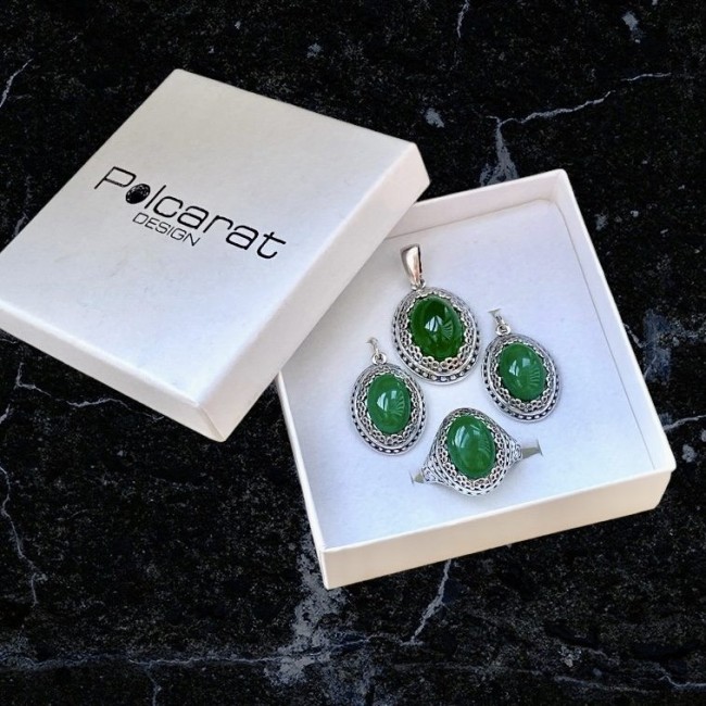 Silver oxidized ring with green agate PK 2023 agate