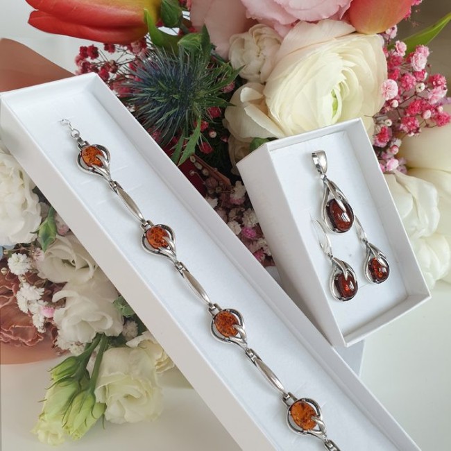 Silver set (earrings, pendant) KPL 2130 amber Polcarat Design