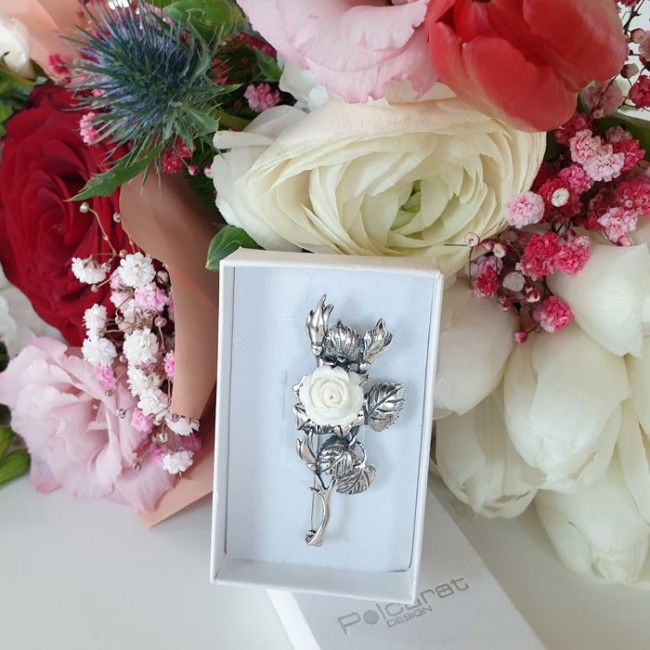 Broszka srebrna Biała Róża B 74|Polcaratdesign.pl Biżuteria