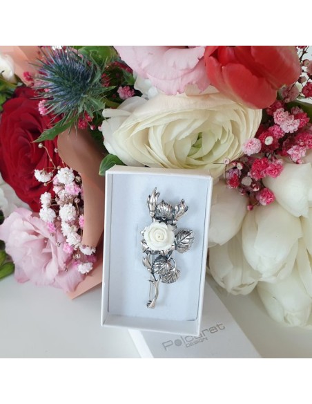 Silver Brooch White Rose B 74
