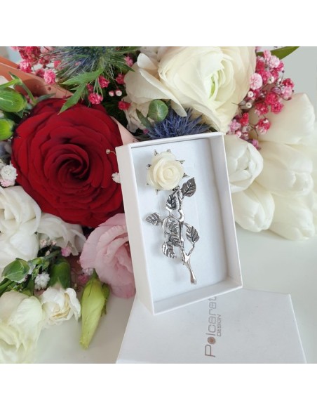 Srebrna broszka Biała Róża B 73|Polcaratdesign.pl Biżuteria