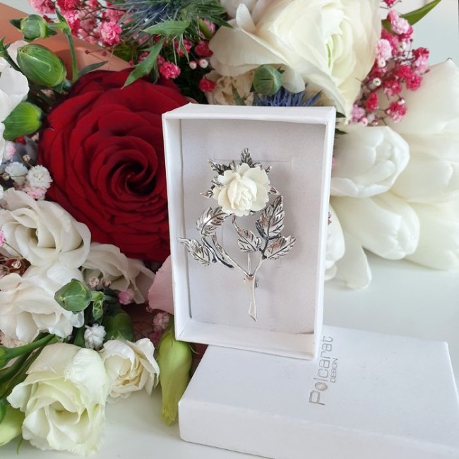 Silver Brooch White Rose B 75