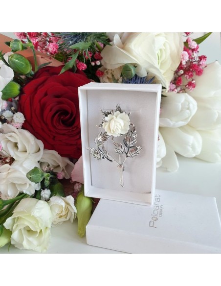 Silver Brooch White Rose B 75