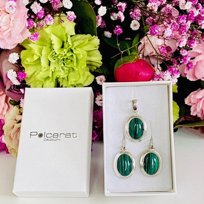 Silver set (earrings + pendant) with malachites KPL 585 malachite