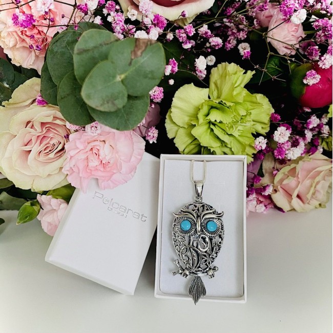 Srebrny wisiorek z turkusami SOWA W 1669|Polcaratdesign.pl Biżuteria