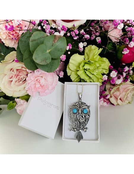 Srebrny wisiorek z turkusami SOWA W 1669|Polcaratdesign.pl Biżuteria