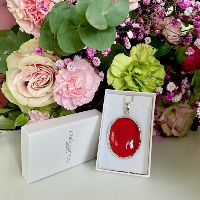 Large silver pendant with coral. Wide selection of silver jewelry with natural stones. Check it out!