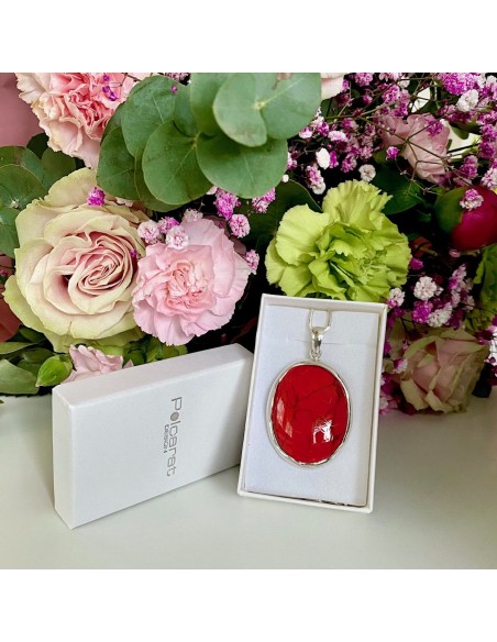 Large silver pendant with coral. Wide selection of silver jewelry with natural stones. Check it out!