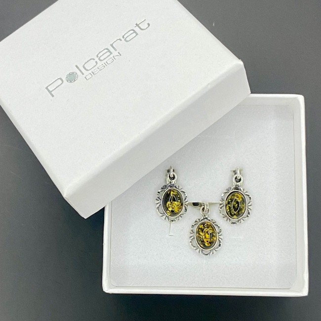 Silver set decorated with green amber KPL 722 Amber