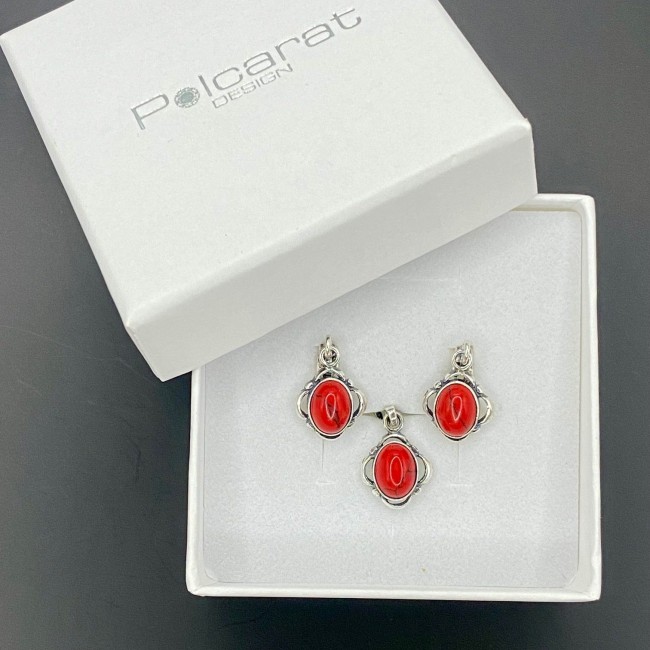 Silver set (earrings + pendant) with coral 725 coral