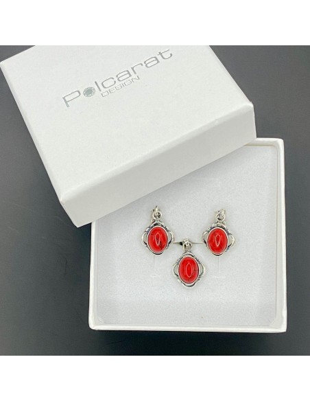 Silver set (earrings + pendant) with coral 725 coral