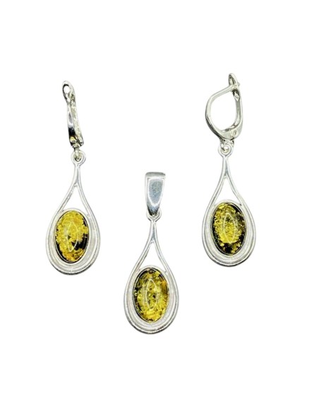 Silver set (earrings + pendant) with green amber KPL 556