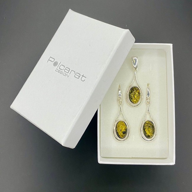 Silver set (earrings + pendant) with green amber KPL 556