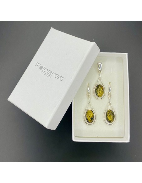 Silver set (earrings + pendant) with green amber KPL 556