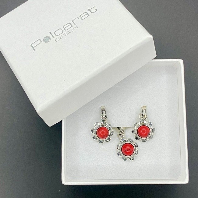 Silver set (earrings, pendant) with corals 4001 coral