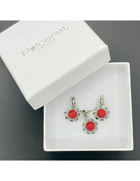 Silver set (earrings, pendant) with corals 4001 coral