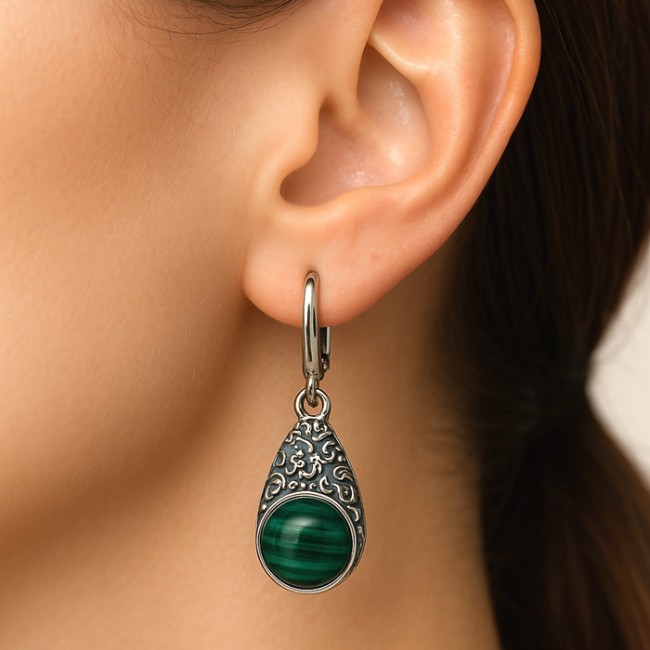 Kolczyki srebrne K 2080 Malachit|Polcaratdesign.pl Biżuteria