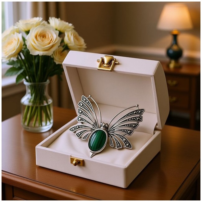 Silver brooch with malachite B 67 Malachite