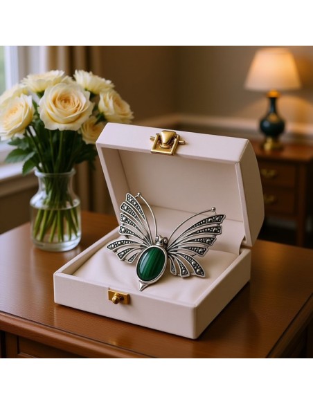 Silver brooch with malachite B 67 Malachite