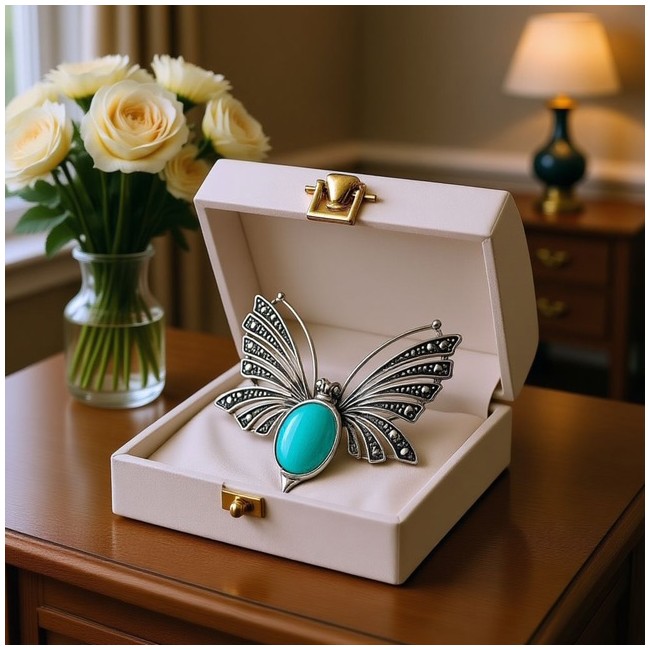 Srebrna broszka z turkusem B 67 turkus|Polcaratdesign.pl Biżuteria