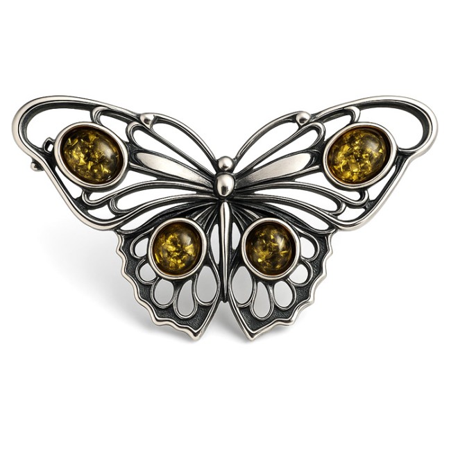 Sterling silver butterfly brooch with green Baltic amber B 123