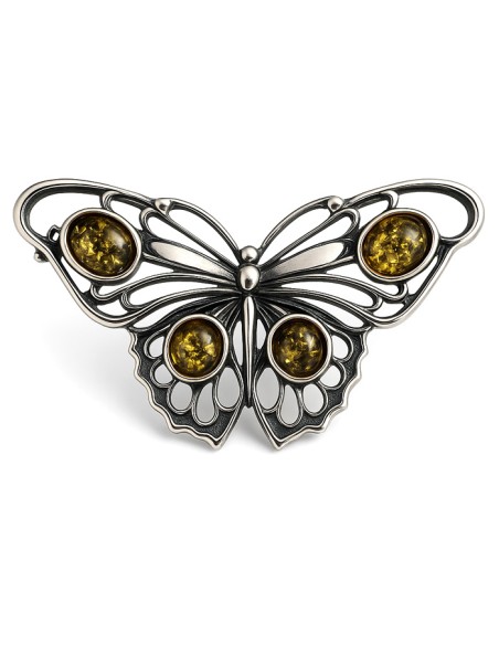 Sterling silver butterfly brooch with green Baltic amber B 123