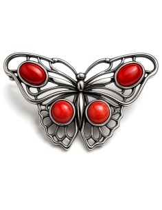 Sterling silver butterfly brooch with coral B 123 | Polcarat Design