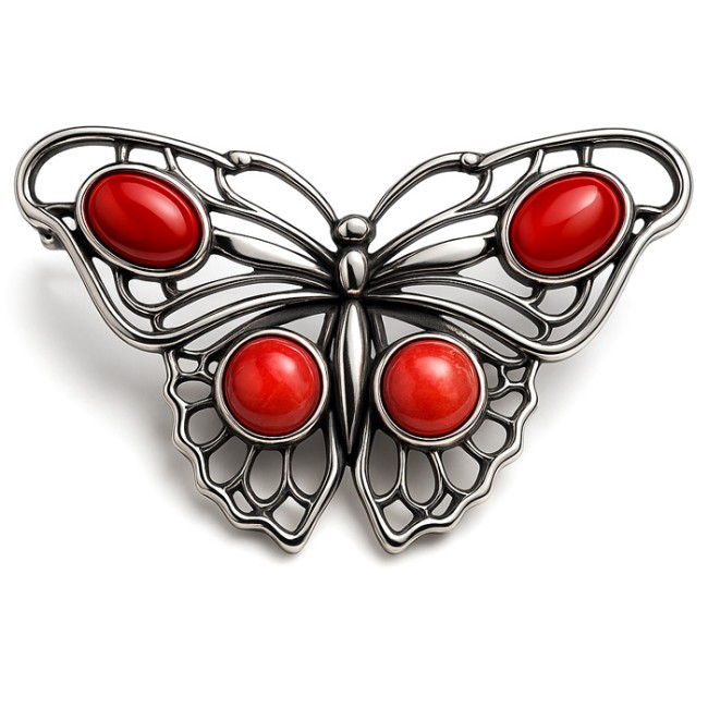 Sterling silver butterfly brooch with coral B 123 | Polcarat Design