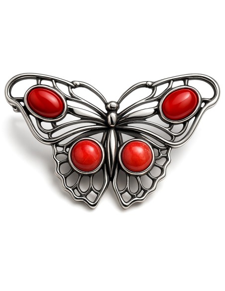 Sterling silver butterfly brooch with coral B 123 | Polcarat Design