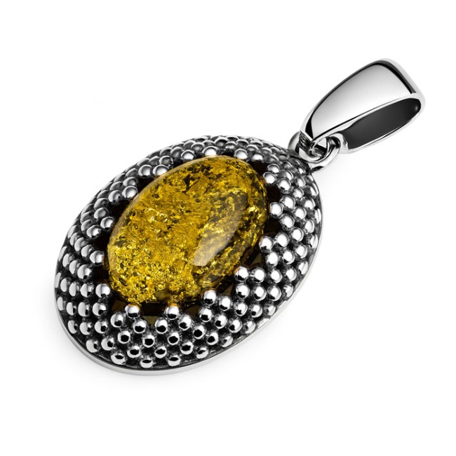 Oxidized sterling silver pendant with green amber W 2022