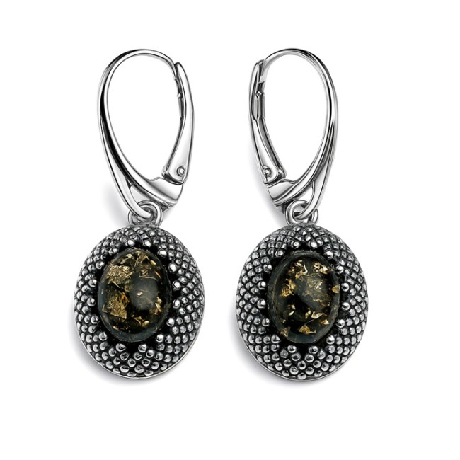 Oxidized sterling silver earrings with green amber K 2022