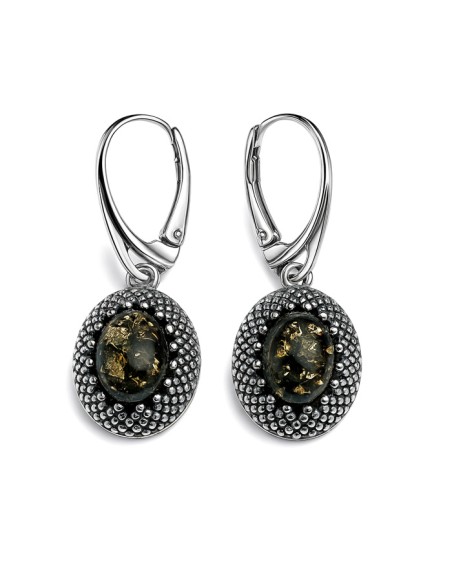 Oxidized sterling silver earrings with green amber K 2022