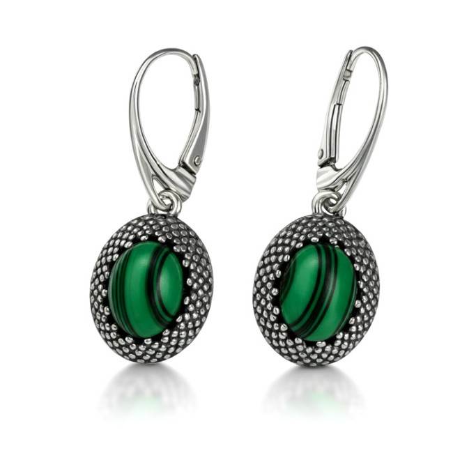 Sterling silver earrings with malachite K 2022 | Polcarat Design