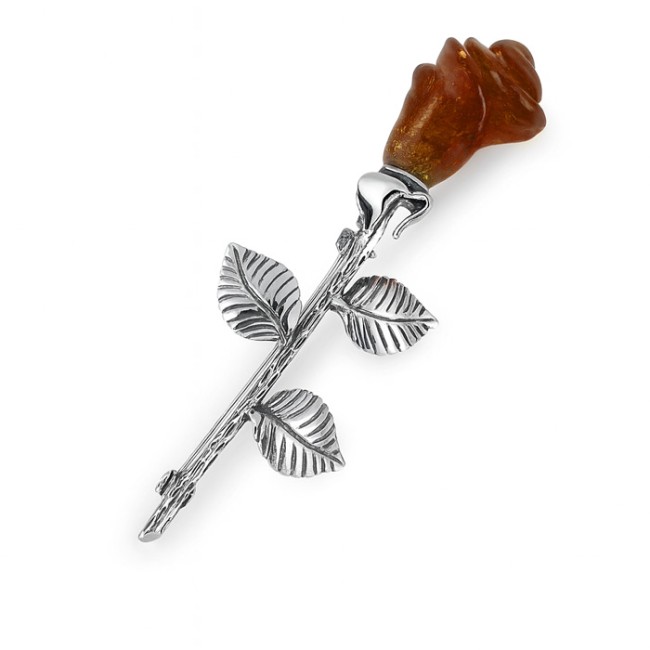 Sterling silver rose brooch with cognac amber B 68 | Polcarat Design