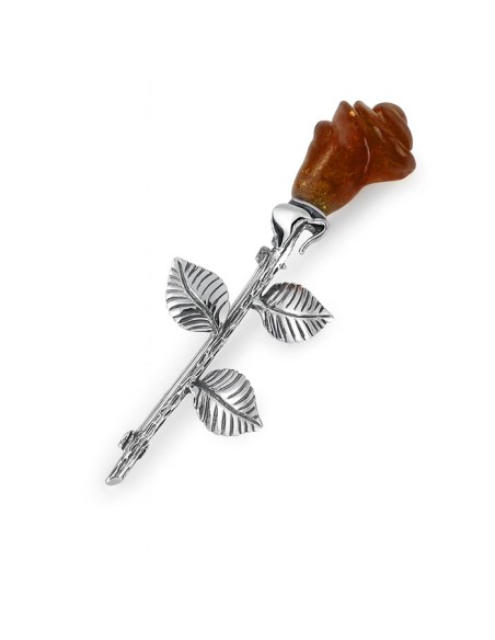 Sterling silver rose brooch with cognac amber B 68 | Polcarat Design