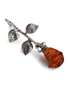 Sterling silver rose brooch with cognac amber B 68 | Polcarat Design