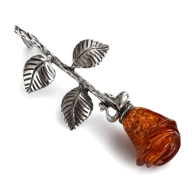 Sterling silver rose brooch with cognac amber B 68 | Polcarat Design
