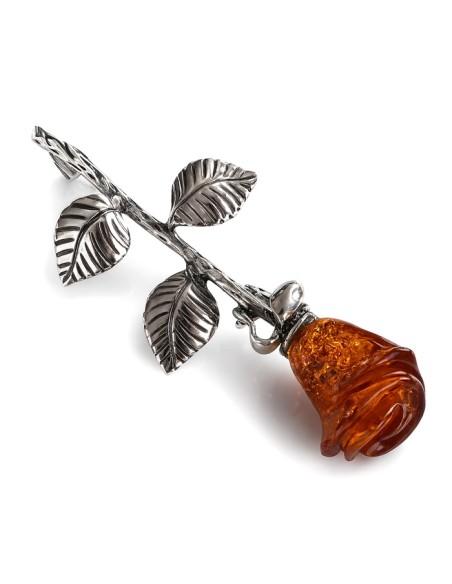 Sterling silver rose brooch with cognac amber B 68 | Polcarat Design