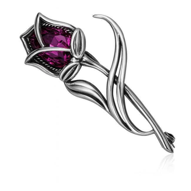 Silver flower brooch with crystals B 193