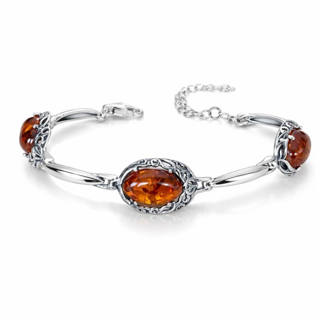 Srebrna bransoletka z naturalnym bursztynem bałtyckim – elegancka biżuteria 925 L 2166|Polcaratdesign.pl Biżuteria