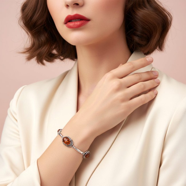 Srebrna bransoletka z naturalnym bursztynem bałtyckim – elegancka biżuteria 925 L 2166|Polcaratdesign.pl Biżuteria