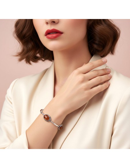 Srebrna bransoletka z naturalnym bursztynem bałtyckim – elegancka biżuteria 925 L 2166|Polcaratdesign.pl Biżuteria