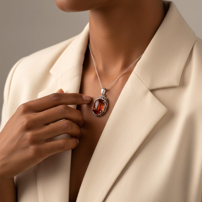 Elegancka Srebrna Zawieszka z Naturalnym Bursztynem Bałtyckim W 2166 | Kolekcja Polcarat Design|Polcaratdesign.pl Biżuteria