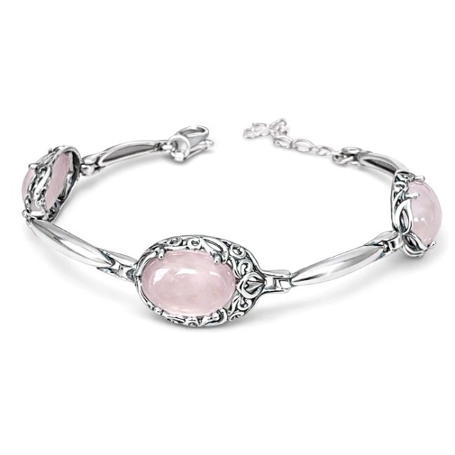 Elegancka Srebrna Bransoletka z Naturalnym Kwarcem Różowym L 2166
