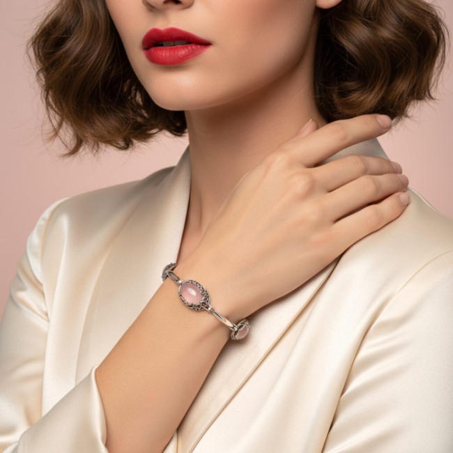 Elegancka Srebrna Bransoletka z Naturalnym Kwarcem Różowym L 2166| Biżuteria 925 Polcarat|Polcaratdesign.pl Biżuteria